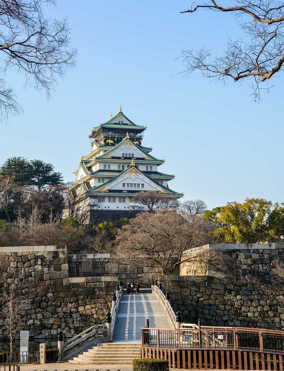 Far shot of Osaka Castle's main tower, showing entry from a bridge across the moat. Tree branches cover the top corners of the image.